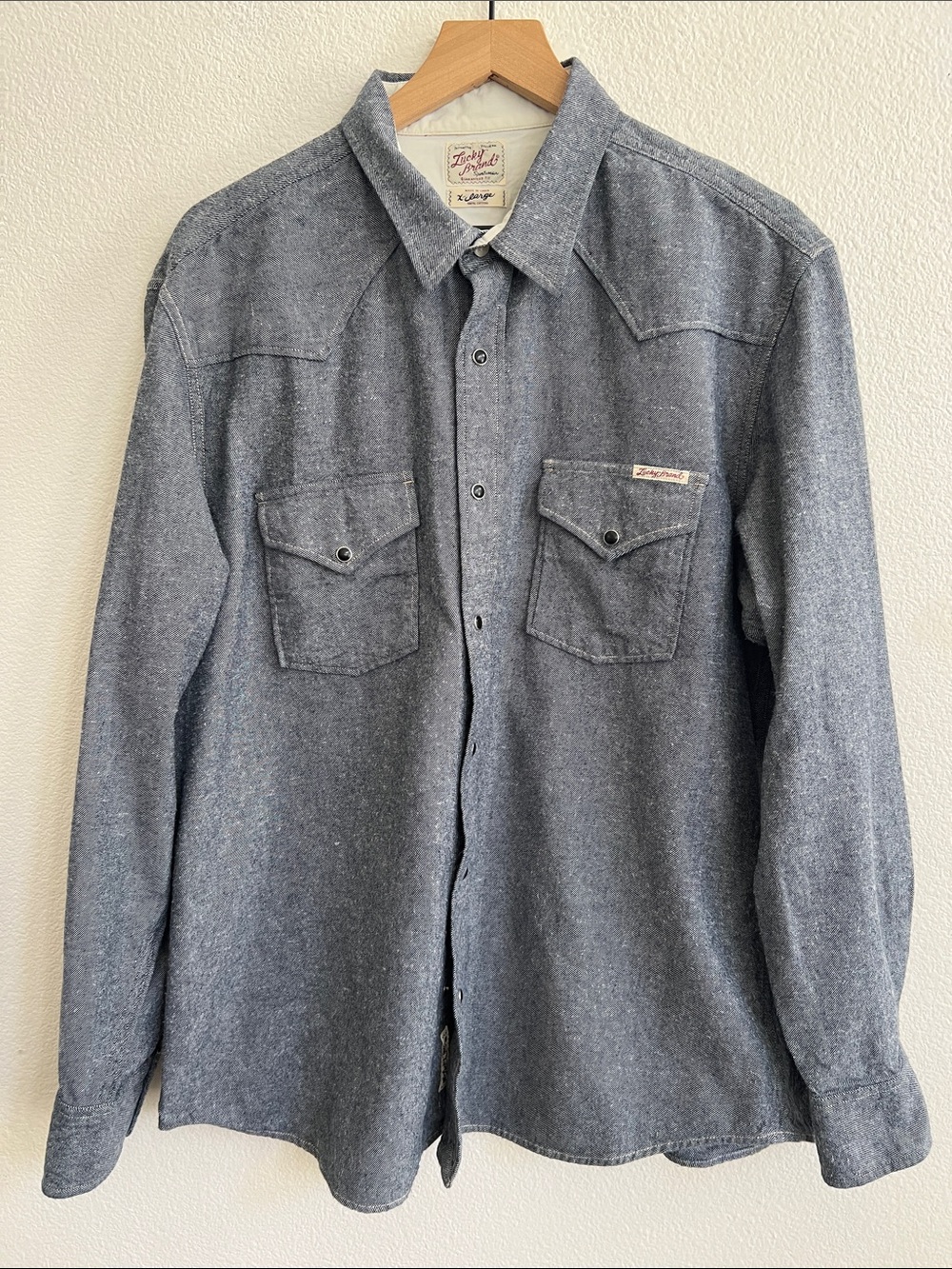 LUCKY BRAND SPORTWEAR Western Flannel Black Pearl-Snap Button Shirt Gray Men XL